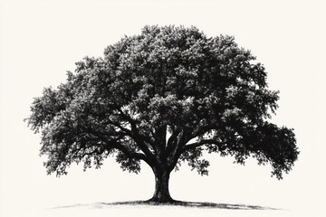 Monochrome photograph of a large, full, majestic oak tree isolated on white background.