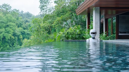 Canvas Print - White robot in infinity pool overlooking lush jungle.