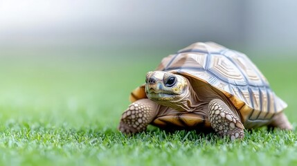 Canvas Print - Young tortoise on green grass.