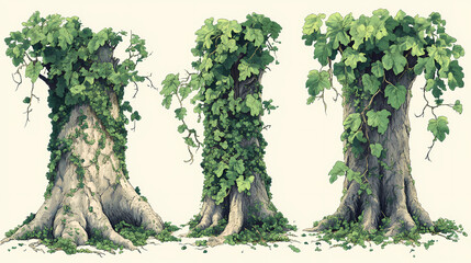 Majestic tree trunks with broad flat bark covered in a thick layer of ivy and lichen, gnarled, green, ivy-covered trees. Lichenous. Illustration