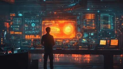 A programmer presenting futuristic software projections in a bright lab, glowing interfaces reflecting their vision