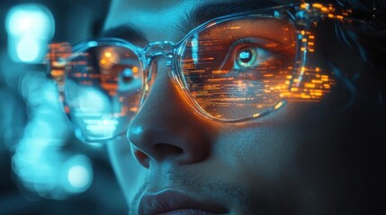 A programmer presenting futuristic software projections in a bright lab, glowing interfaces reflecting their vision