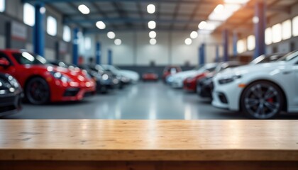 Wooden table top inside car service centre. Blurry background shows cars parked in garage. Interior of busy auto repair workshop. Modern cars visible. Business concept related to transportation,