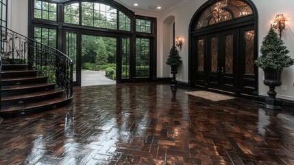 Wall Mural - Grand entryway with herringbone hardwood floors, curved staircase, and French doors.