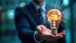 © miss irine - Businessman holds glowing lightbulb with virtual brain, connecting lines. Idea innovation, smart thinking concepts. Inspiration, network symbolized in business tech setting. Image represents creative