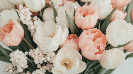 Wall Mural - Close-up of a bouquet of pastel pink and white tulips with white flowers.