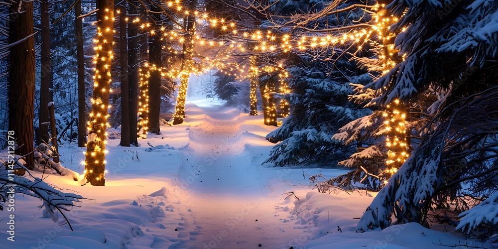 A snowy forest pathway illuminated by golden Christmas lights, creating ...