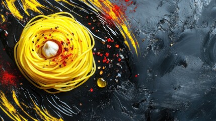 Freshly Made Spaghetti Nest with Spices and Olive Oil on Dark Surface