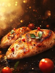 Wall Mural - Chicken breast steak, cooking, protein background, Poster design, realistic, HD, copy space 