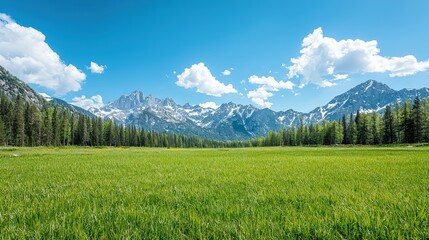 Sticker - Lush green meadow with snow-capped mountains under a bright blue sky.