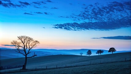 Wall Mural - Gradient Blue Sky Over Rolling Hills at Dawn With Silhouetted Trees. Generative AI