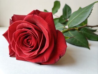 Sticker - Beautiful Red Rose Lies Gracefully on a Table Surrounded by Green Leaves. Generative AI