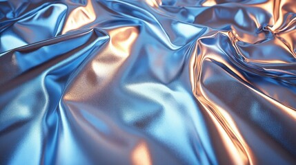 Poster - A close-up of crumpled metallic fabric with blue and copper hues, creating a dynamic visual texture.