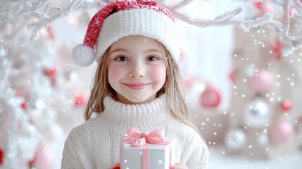 Wall Mural - Happy girl in Santa hat holding a gift.