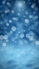 Light shimmering snow falling on blue blur empty background decorated smoky vignette and spotlight on top. Winter holidays decorative banner, retro style. isolated with white highlights