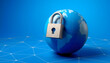 © Go - globe with a three-dimensional lock on a blue background with a line network, professional photography, with white tones