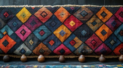 Poster - A colorful patterned rug with wooden supports against a dark backdrop.