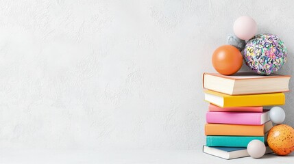 Wall Mural - Colorful Easter eggs on stack of books against white background.