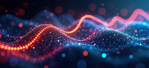 Poster - Abstract futuristic design. Neon wave lines flow over dynamic background. Bokeh lights create vibrant visual. Data transfer concept. High tech wallpaper. Colorful, glowing pattern. Modern design.