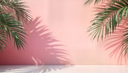 Poster - Tropical foliage casts soft shadows on pale pink wall. Minimalist backdrop ideal for product presentations. Empty display area on white surface. Summer spring aesthetic. Natural light creates serene,