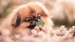 A fluffy Pekingese gently holding a four-leaf clover sniffing with a joyful expression while surrounded by scattered cherry blossoms.