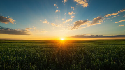 Wall Mural - sunrise over a lush green field with vibrant clouds and golden rays casting warmth in the morning sk
