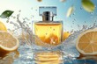 © LifeMedia - A captivating image of a perfume bottle amidst splashing water, accented by fresh lemon halves and floating leaves, highlighting an energizing citrus essence.