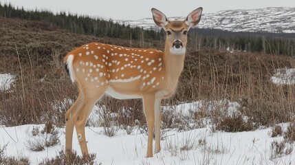 Wall Mural - Young spotted deer in snowy landscape.