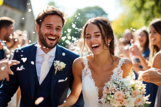 the joyful bride and groom beam happiness as they exit the church, showered with confetti by family 
