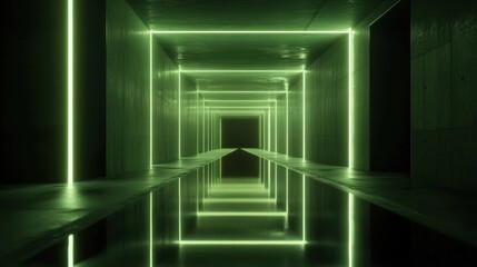 Aufkleber - A futuristic corridor illuminated by green lights, reflecting on a water surface.