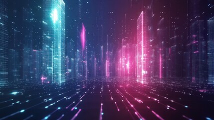 Poster - A futuristic digital landscape with glowing skyscrapers and vibrant light trails.