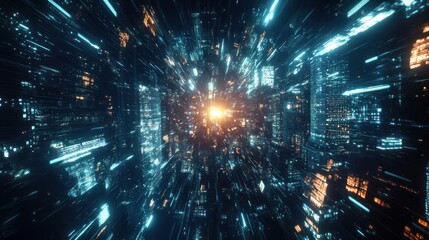 Poster - A futuristic digital landscape with vibrant lights and a central glowing core.