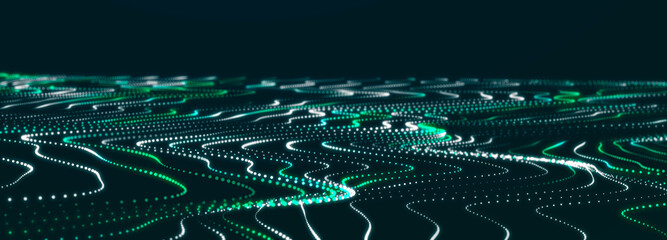 Fototapete - Abstract flow of luminous particles on dark background. Movement of colored dots. Big data. 3D rendering. Widescreen