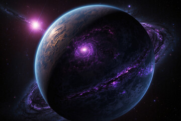 massive black planet with radiant purple veins, golden glow, thin cosmic ring, and faint blue aura