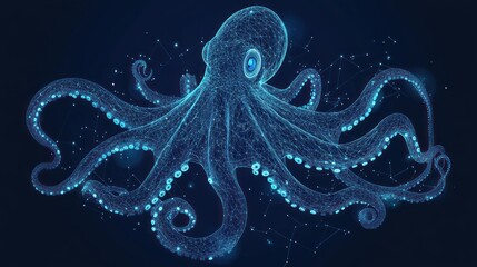 Poster - A glowing, digital octopus illustration against a dark background, showcasing marine life.