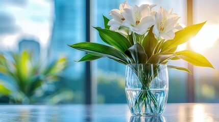 Wall Mural - White lilies in glass vase on table by window.