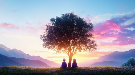 Canvas Print - Children silhouetted against sunset, sitting under tree.