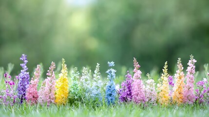 Wall Mural - Rainbow of colorful flowers in grass.