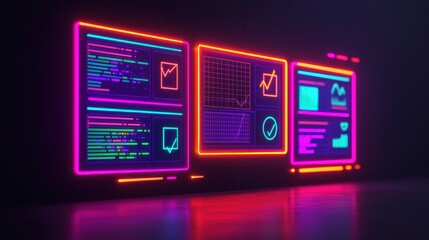 Neon Style Digital Screens with Graphs and Data Visualizations