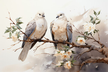 pair of birds in spring, watercolor, love, pigeons,.     