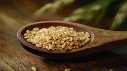 Organic nutritious uncooked barley wheat whole grain cereal seed in a wooden spoon close up wooden table kitchen photography, crops after the harvesting, branch stem and ripe, countryside agriculture.