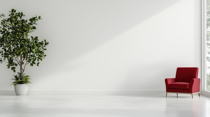 Wall Mural - Red armchair in minimalist white room with plant.