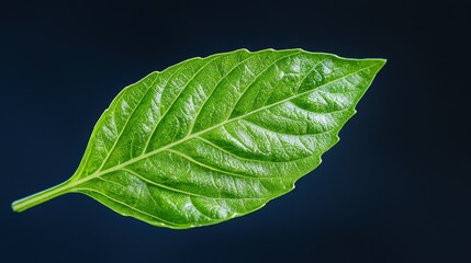 Sticker - Single green leaf isolated on dark background.