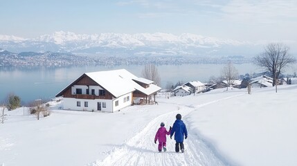 Sticker - Couple walking snowy path towards lake house.