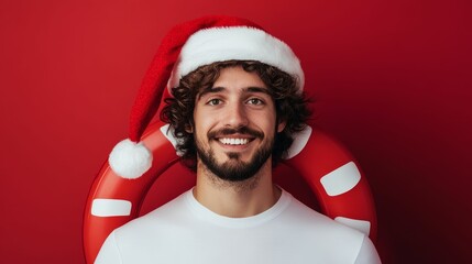 Wall Mural - Male lifeguard in a white uniform and Santa hat, holding a holiday-decorated life preserver