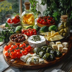 Poster - Mediterranean cheese, olives, grape leaves, and tomato platter.