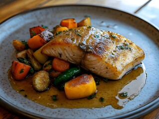 Wall Mural - Pan-seared fish fillet with roasted vegetables and sauce. (1)