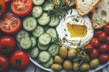 Poster - Overhead view of a platter with sliced tomatoes, cucumbers, olives, creamy dip, rosemary, and bread.