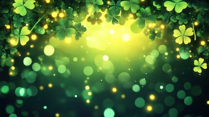 Festive shamrock border with bokeh lights.