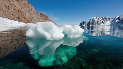 Sticker - Icebergs floating on calm arctic water with mountain reflection.